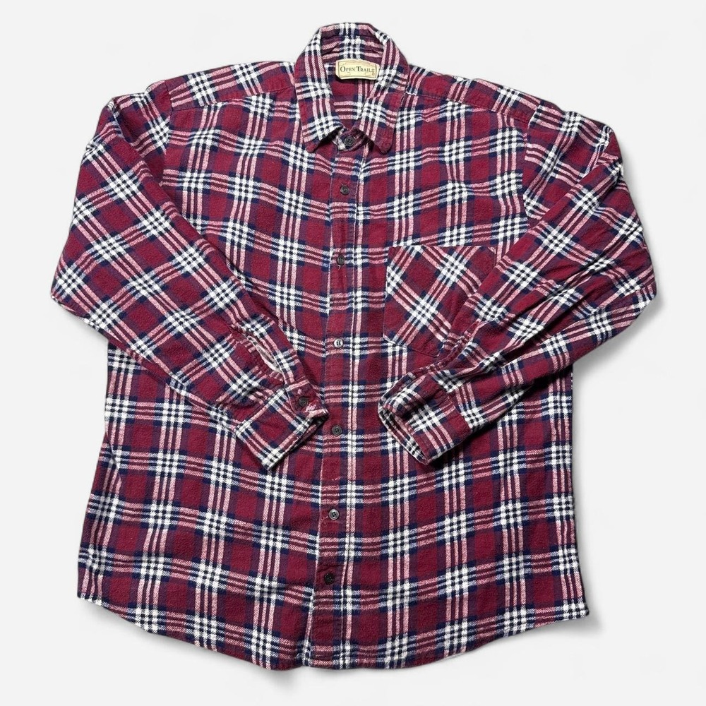 Vintage 90s Open Trails burgundy, navy & white plaid flannel shirt, size L